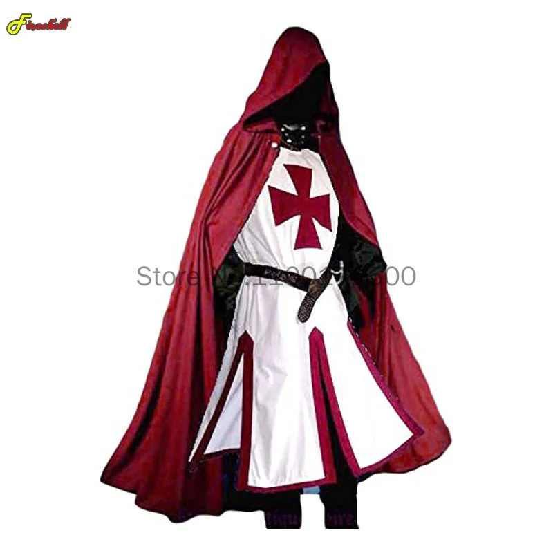 S-4XL męskie średniowieczne rycerzy krzyżowców templariuszy tunika Cosplay kostiumy renesansowy Halloween Surcoat wojownik czarny płaszcz plagi Top