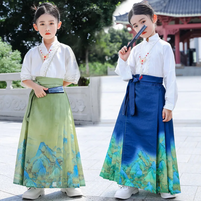 Chinese Stijl Traditionele Geplooide Rok Voor Kinderen Meisjes Mamianqun Hanfu Dunne Mode All-Match Diy Veterschoenen Lange Rokken Dagelijks