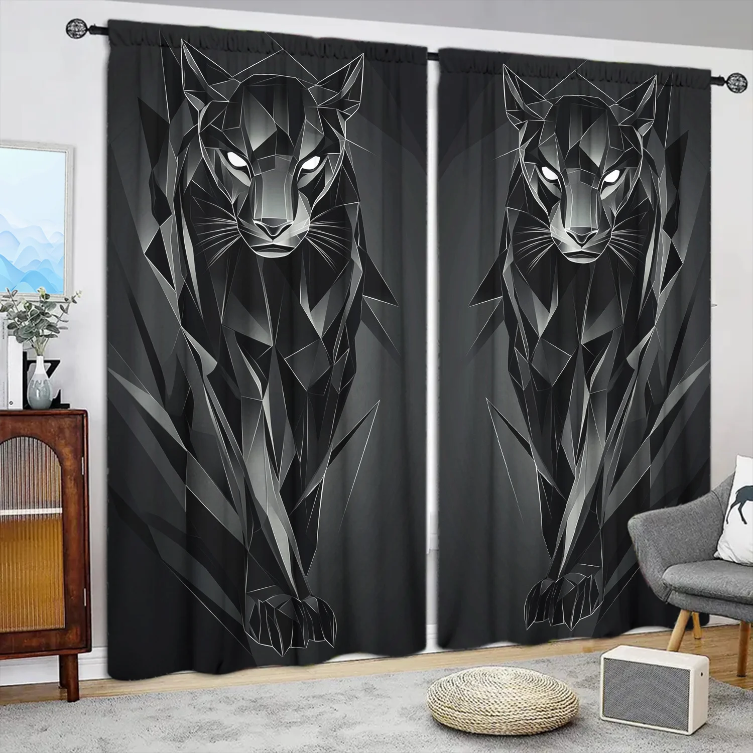 Geometric Black Panther Curtain, Abstract Wild Cat Print Drape, Modern Animal Art Window Treatment for Living Room Bedroom Decor