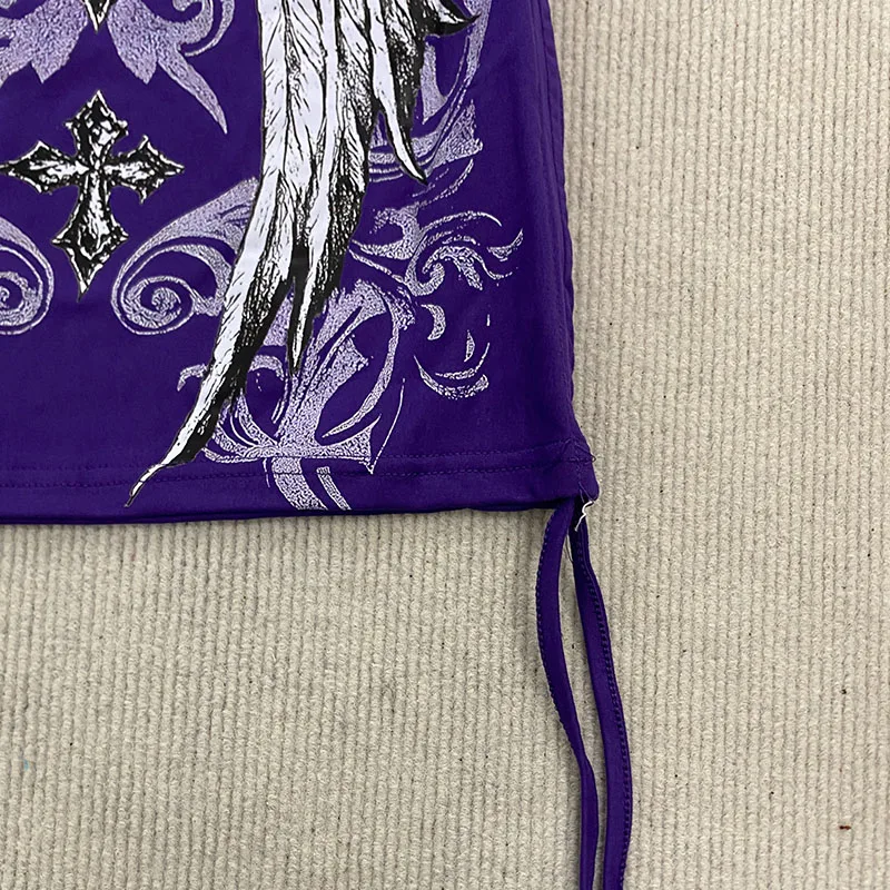 Sexy Purple Drawstring Slim Casual Tops 2000s Aesthetic Fashion Personality Gothic Wings Print Tube Off Shoulder Spice Girl Vest
