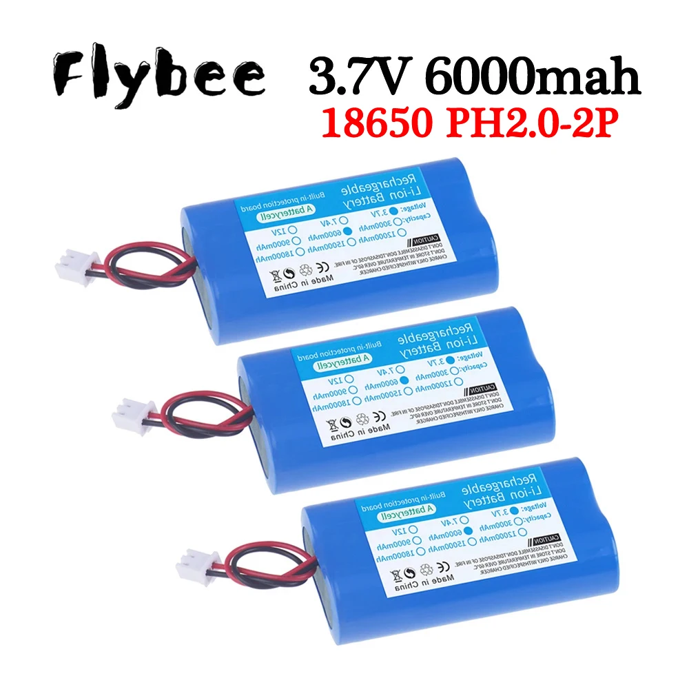 3.7V 6000mAh 18650 Li-ion rechargeable battery pack For Fishing LED Light megaphone speaker Emergency toy battery+PH2.0-2P Plug