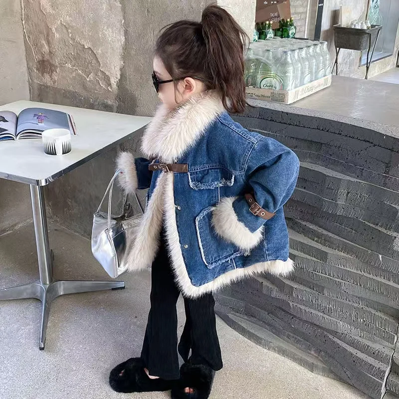 2025 Autumn/Winter Children's Jacket Girls' Fashion Korean Top Middle Boy with Velvet Denim Coat Girls' Thick Cotton Coat