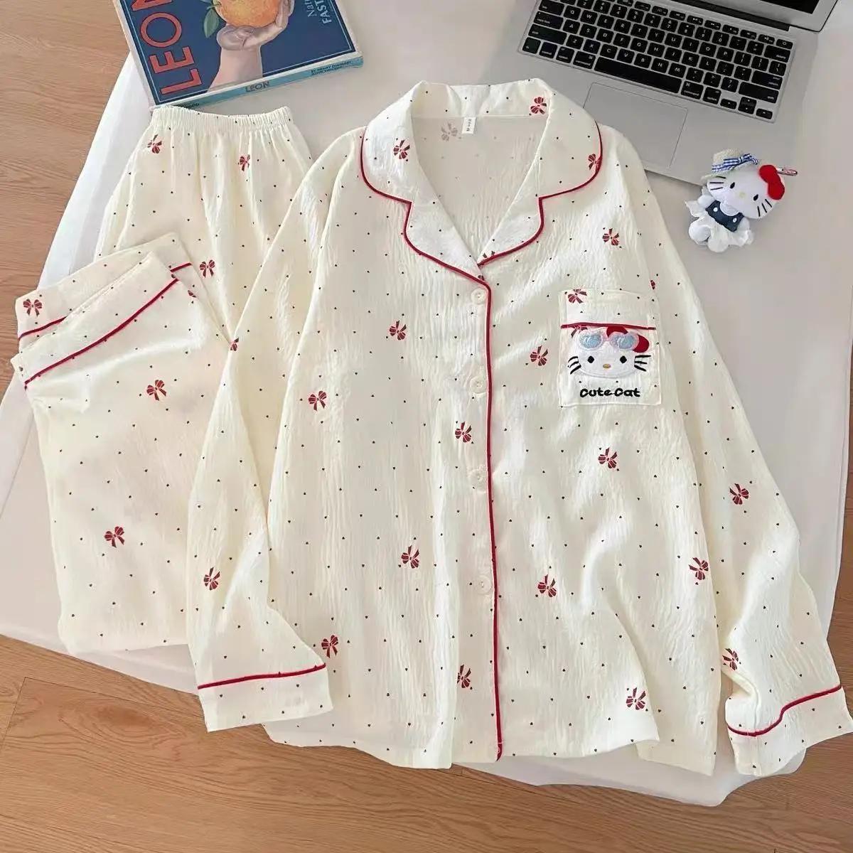 

Весенние пижамы Sanrio Hello Kitty, женская ночная рубашка, брюки, одежда для сна с длинными рукавами, милая пижама в горошек, домашняя одежда, комплект из 2 предметов