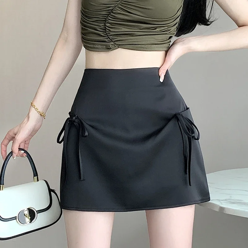 Casual Bow A Line Mini Skirts Women 2026 Korean Style High Waist Faldas Y2k Clothes Slim Harajuku Black Short Micro Kawaii Skirt
