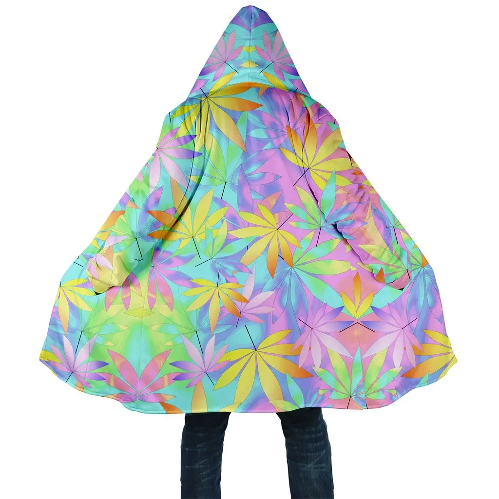 

Winter Mens Cloak Colorful Weeds 3D Graphics Printing Fleece Hooded Coat Unisex Casual Thick Warm Cape Coat Streetwear