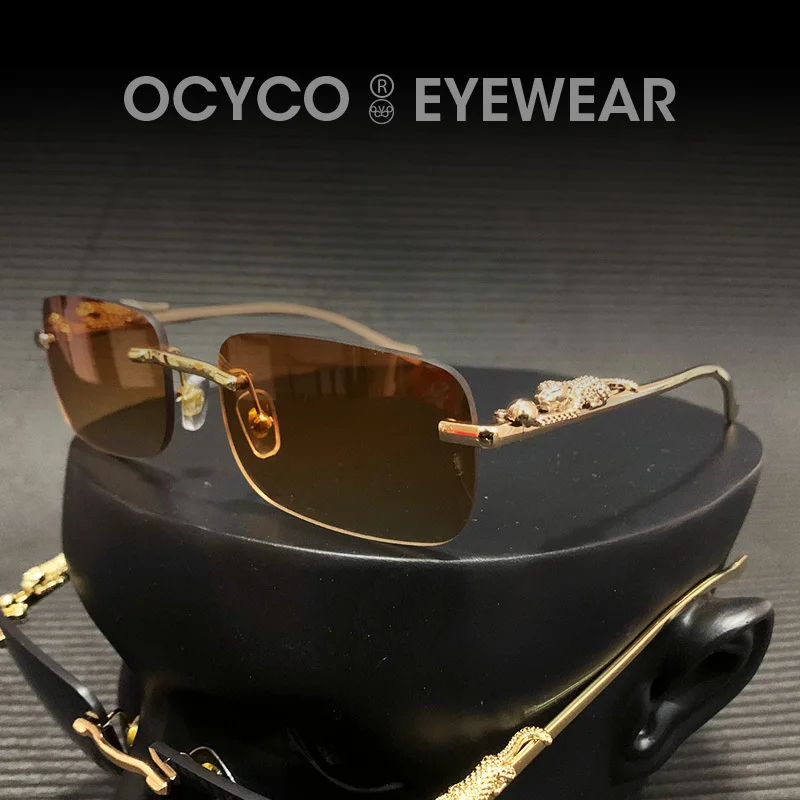 Rectangle Rimless Sunglasses Retro Cheetah Women Fashion Sun Glasses Men UV400 Eyewear Square Leopard Head Metal Shades