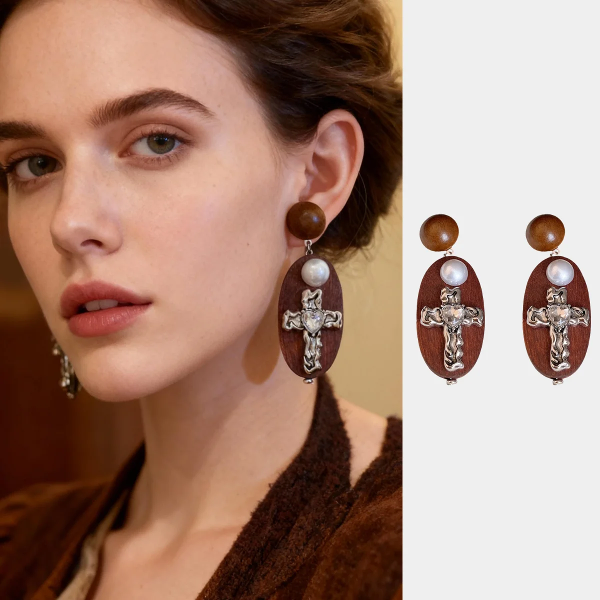 

Diamond-Studded Wooden Pearl Oval Silver Stud Earrings French Vintage-Inspired Stud Earrings Brown Luxury-Feel Ear Accessories
