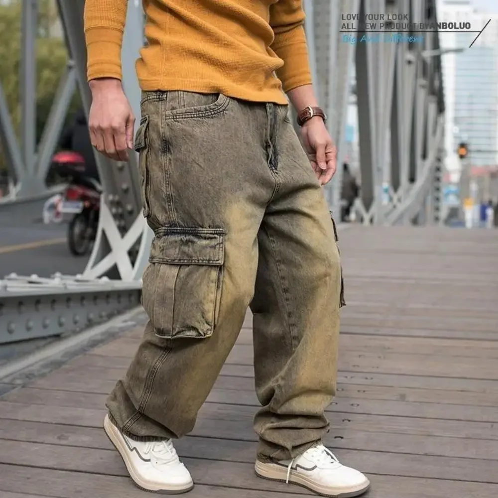 

Fashion Cargo Pants Men Casual Jeans Hiphop Trousers Straight Loose Baggy Streetwear Denm Large Size Retro Distressed Pocket