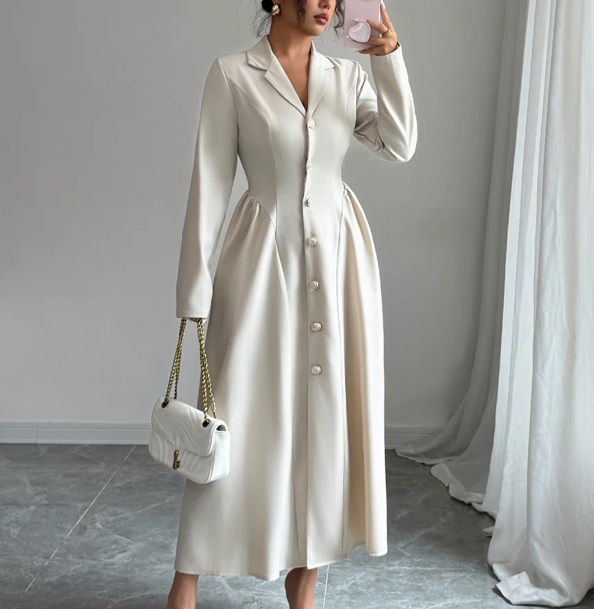 

Elegant Temperament, Deep V-Long Sleeved Long Skirt Dress, Women's Clothing