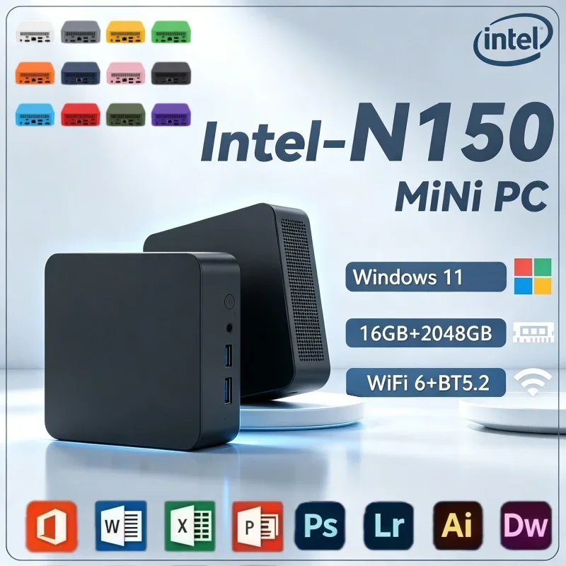 小型で持ち運びやすいミニpc。intel-core-n150プロセッサー、16gb-ram、2tb-ssd、windows-11搭載。家庭やオフィスでの利用、メディアコンテンツの視聴に最適。