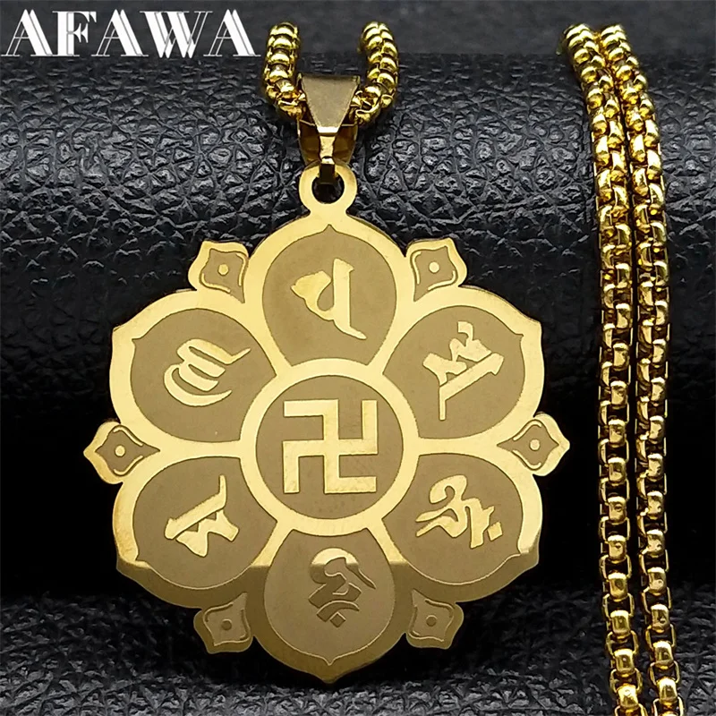 Budista 7 Chakra OM Lotus Flower Amulet Colar para Mulheres e Homens, Aço Inoxidável, Dez Mil Personagens, Jóias Cadeia, N2665-1S02