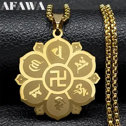 Buddhist 7 Chakra OM Lotus Flower Amulet Necklace for Women Men Stainless Steel Ten Thousand Characters Chain Jewelry N2665-1S02