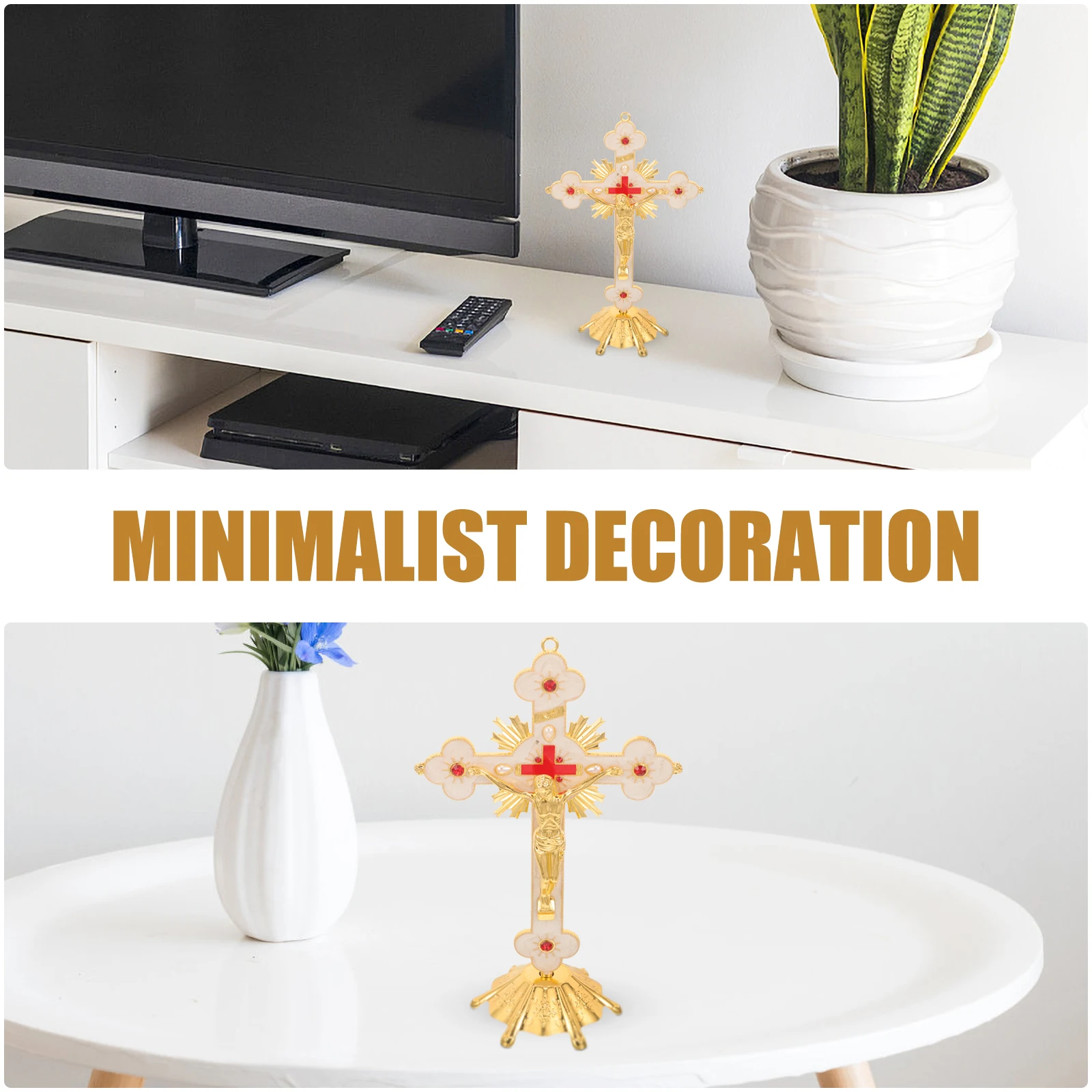 

Metal Cross Decor 21cm Golden White Diamond Desktop Ornaments Jesus Statue Greek Decor Housewarming Gift