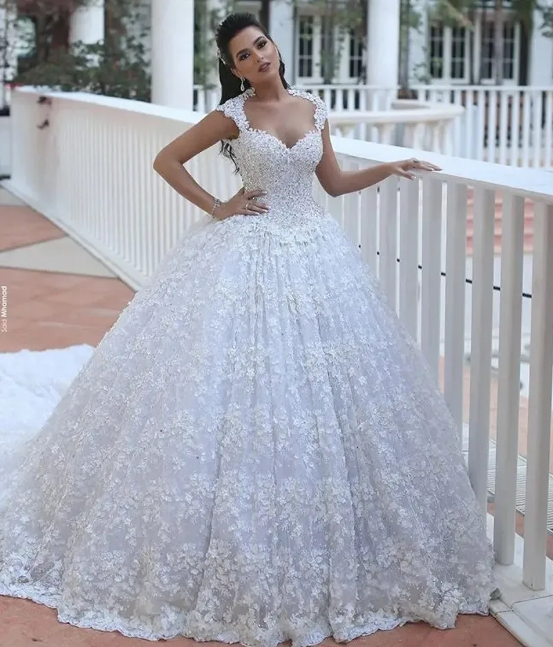 Luxury Puffy Illusion Back Wedding Dress Sweetheart Cap Sleeves Beaded Lace Appliques Bridal Gown Arabic Vestidos De Novia