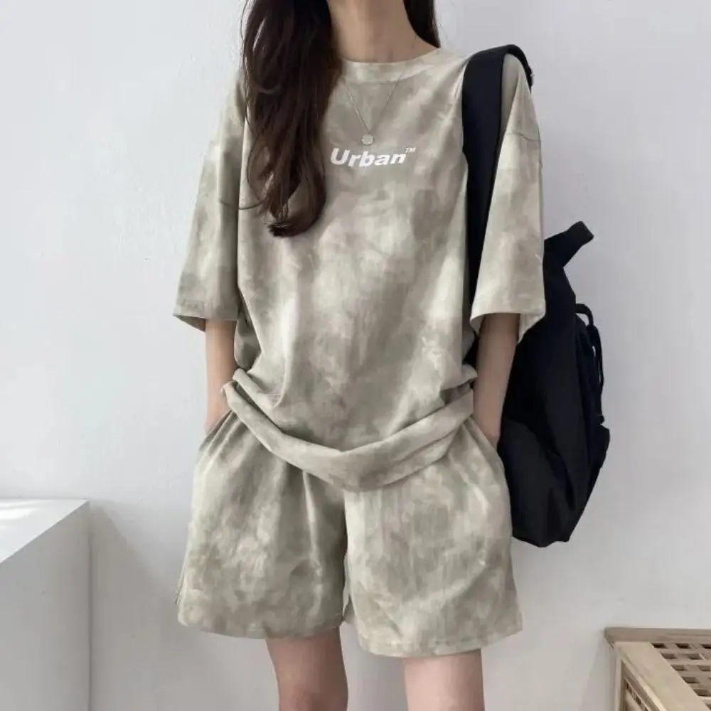 

Simple Letter Two-piece Tracksuit Tie-dye Large Size Short Sleeve T-shirt Shorts Sports Thin Summer Loose Suit Female