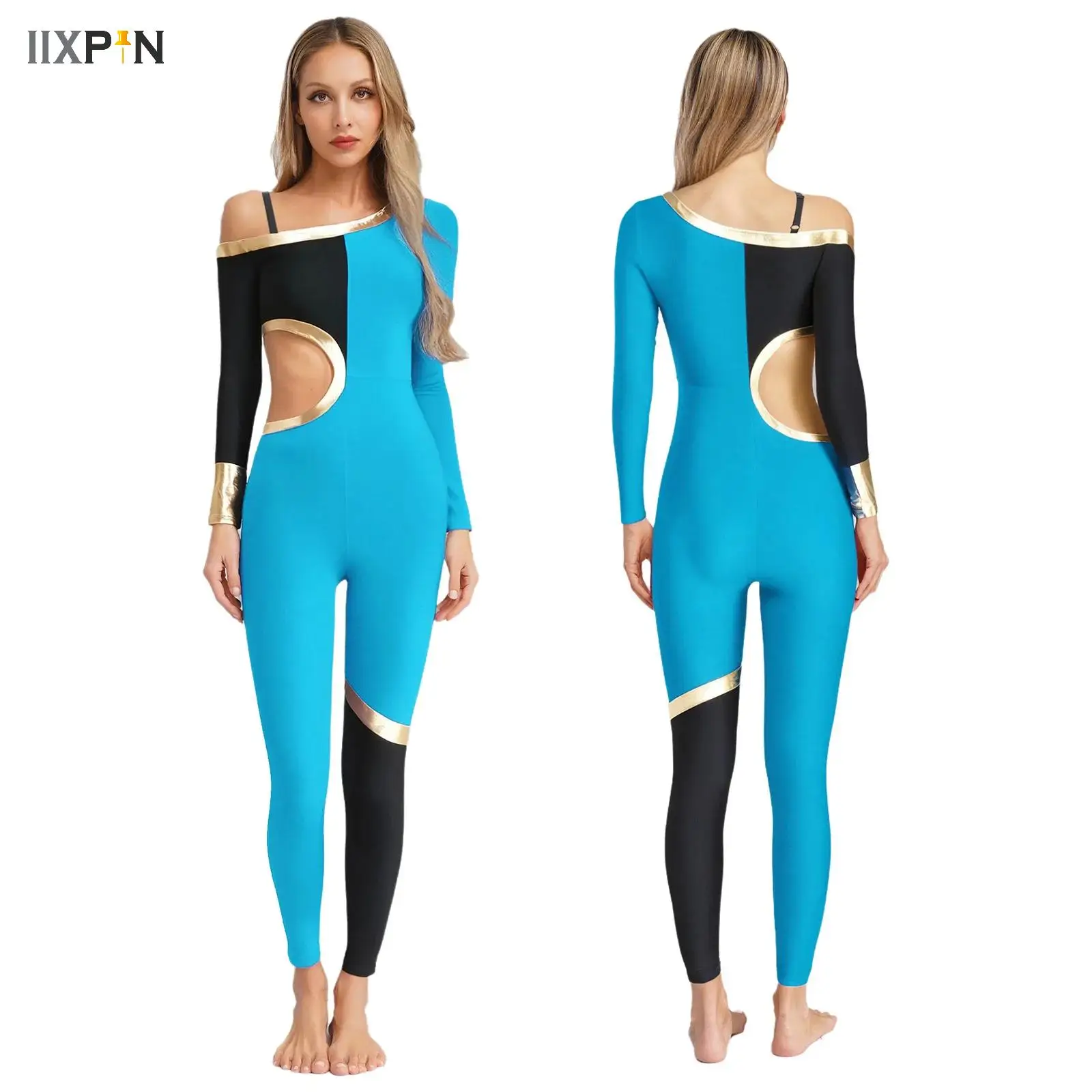 

Womens Long Sleeve Rhinestone Full Body Unitard Jumpsuit Dancewear Adults Gymnastics Leotards Skating Performance Dancewear