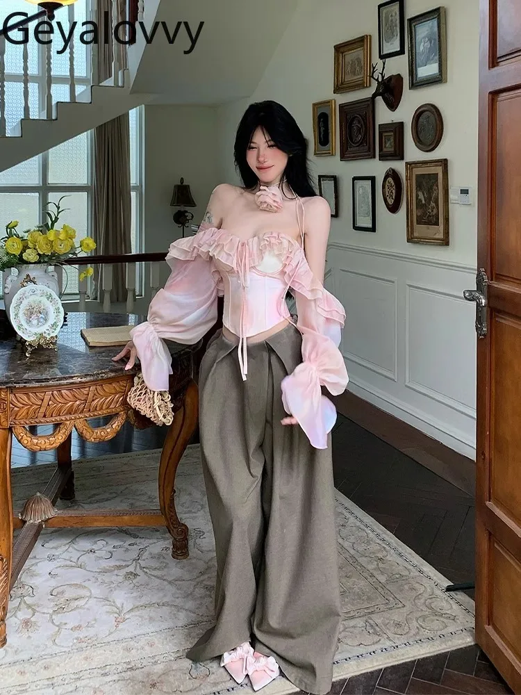 Francês puro desejo hottie sexy espinha de peixe fora do ombro topo feminino plissado borda blusa de cintura alta chiffon camisa de manga comprida