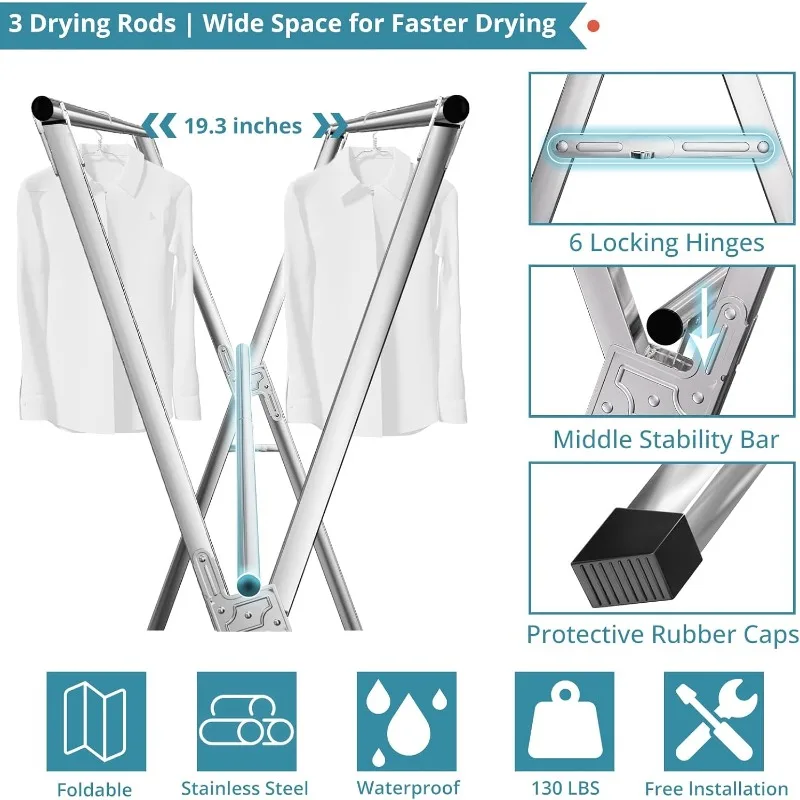 95 Inches Clothes Drying Rack, Drying Rack Clothing Folding Indoor Outdoor, Heavy Duty Stainless Steel Laundry Rack