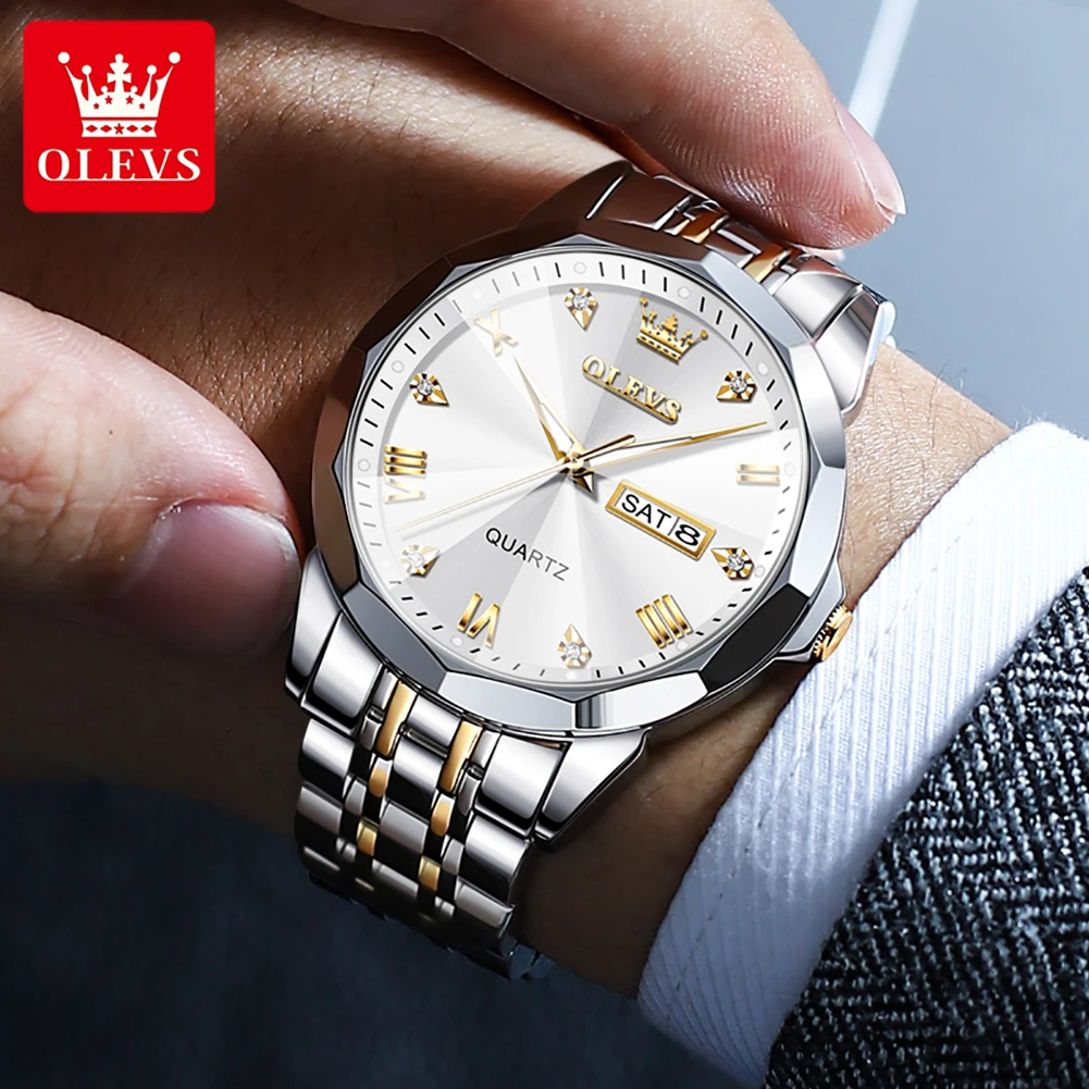 OLEVS New Men Watches Luxury Trend Quartz Clock Luminous Calendar Waterproof Round Diamond Shaped Glass Watch Stainless Steel