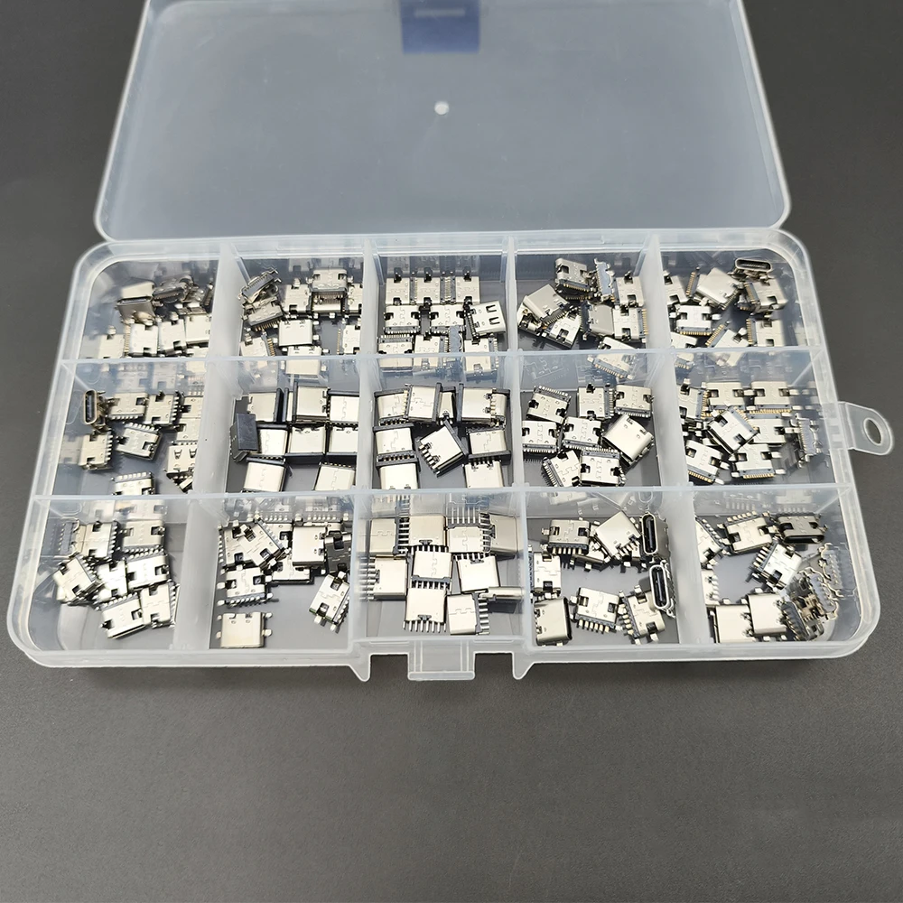 150Pcs/Box 15Models USB Type C Charging Port Dock Connector 6/16Pin USB-C Socket PCB Soldering Jack Mobile Phone DIY Repair Kit
