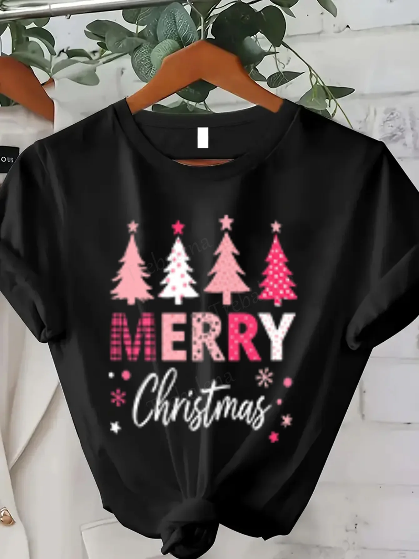 تي شيرت نسائي عيد ميلاد سعيد أشجار الوردي تي شيرت للنساء #1