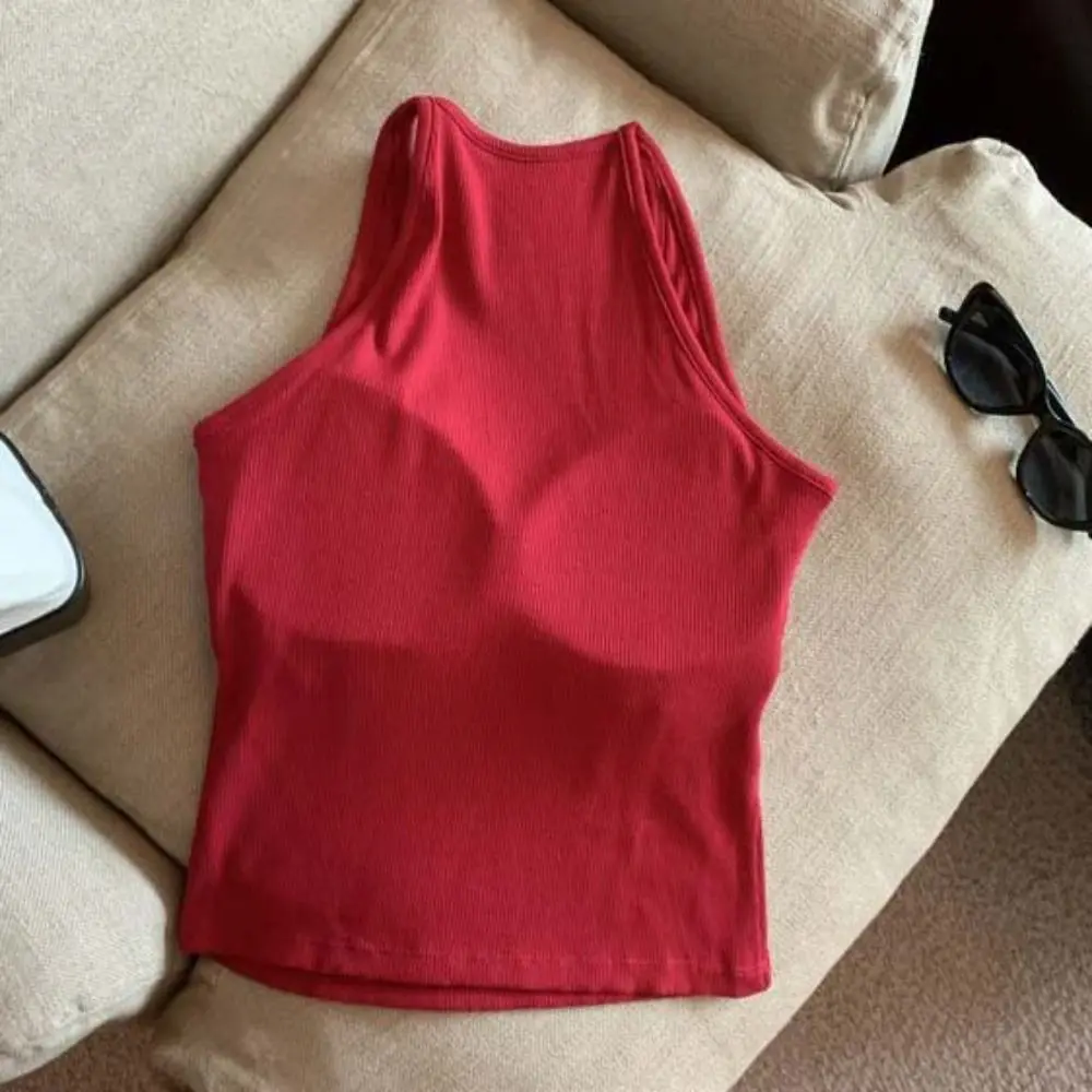 

Soft Mimic Halter Sleeveless Crop Top Deep V-Neck Slim Fit Sweet Girl's Tank Top Beachwear Undershirts Camisole with Pads Girl