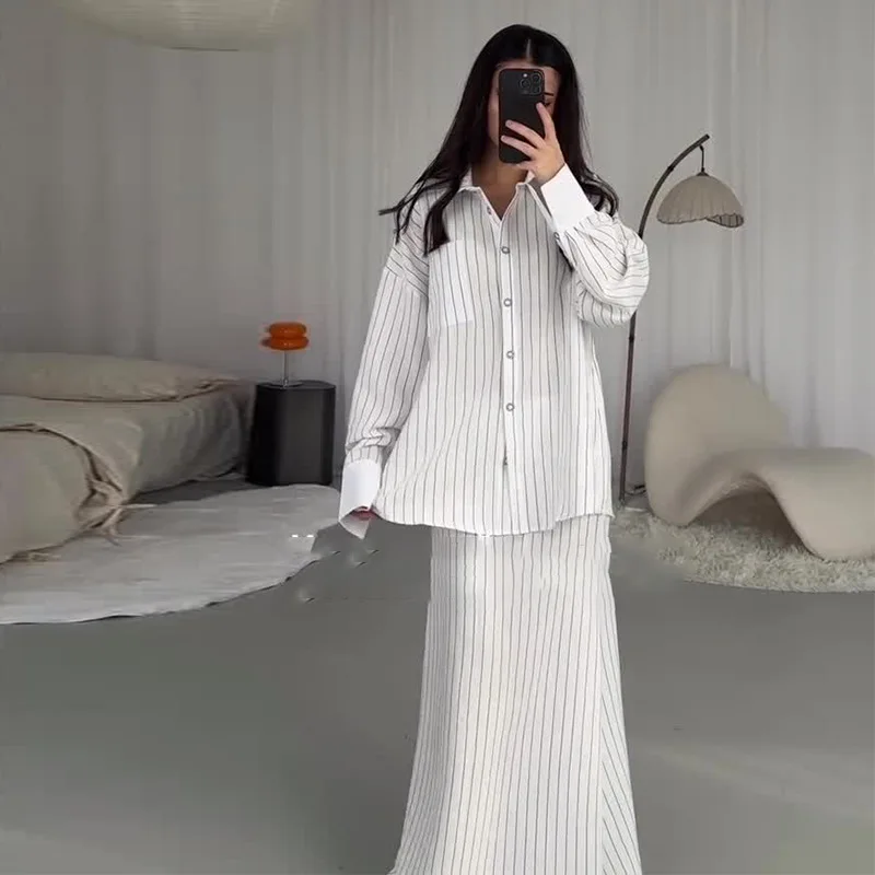Women's Pinstripe 2pc Set Fashion Oversized Long Sleeve Shirt Maxi Skirt Contrast Cuffs Elegant Casual Outfit For Daily Dating