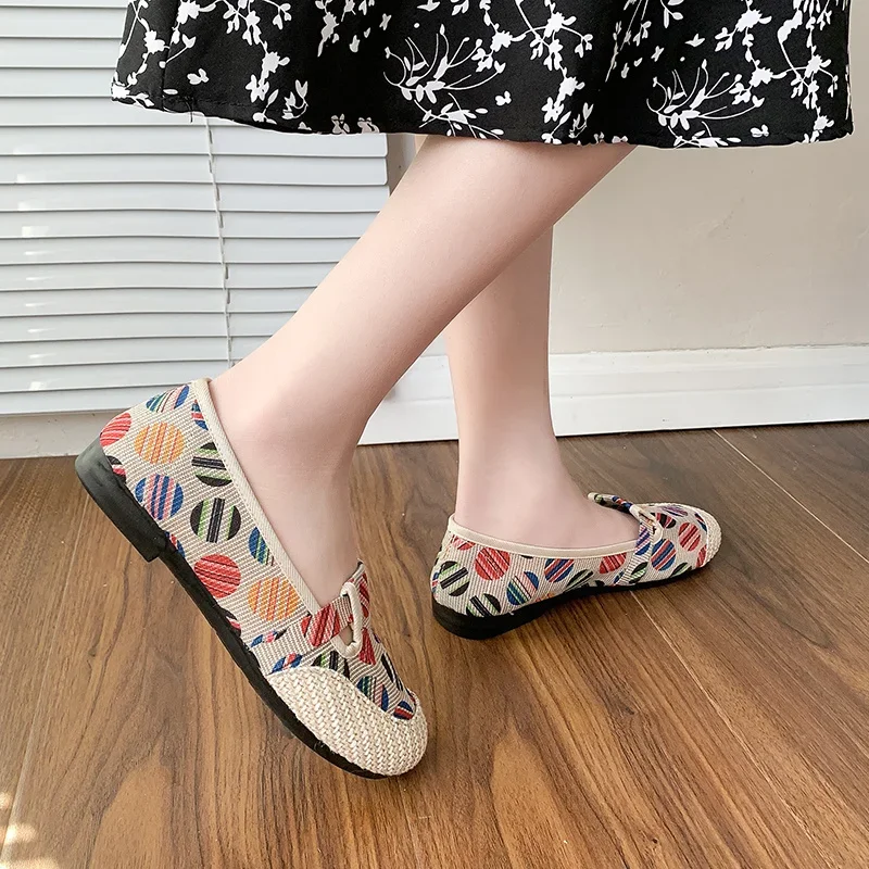 Casual Women Comfort Bohemian Lazy Shoes Female Slip on Flat Shoes Canvas Strap Straw Espadrilles Loafers