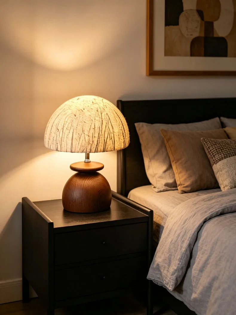 Paper Lampshade Table Lamp Brown Wood Base E27 Bulb For Roon