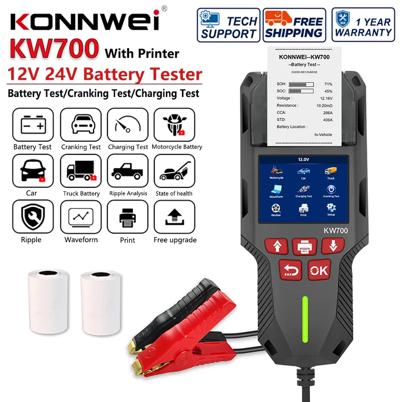 2026 KONNWEI KW700 Car Truck Battery Tester 12V 24V With Print function Battery Analyzer Cranking Charging Test Tool 10-2000CCA