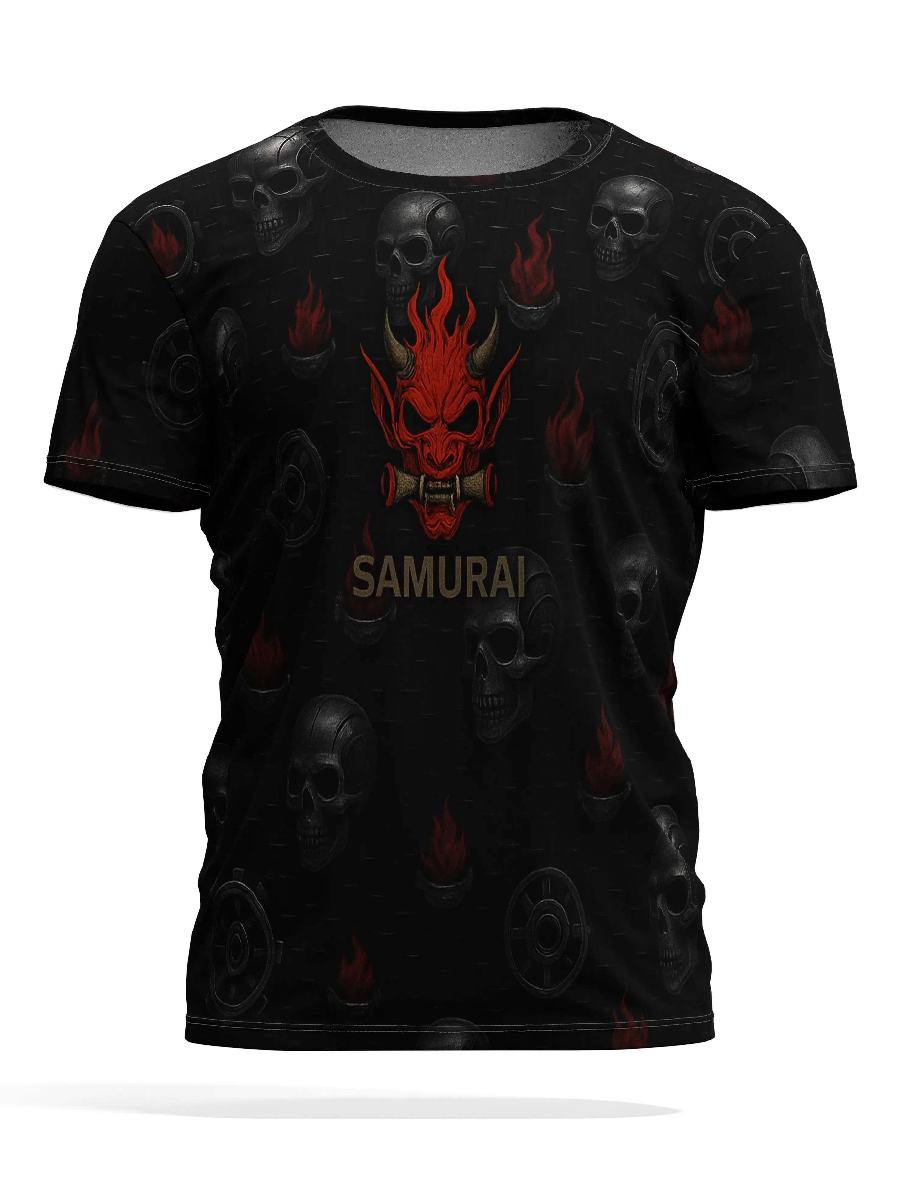 

Футболка с черепом самурая и демона — черная основа с красной маской Огненного Oni, пламя и рисунком черепа для темных эстетических болельщиков