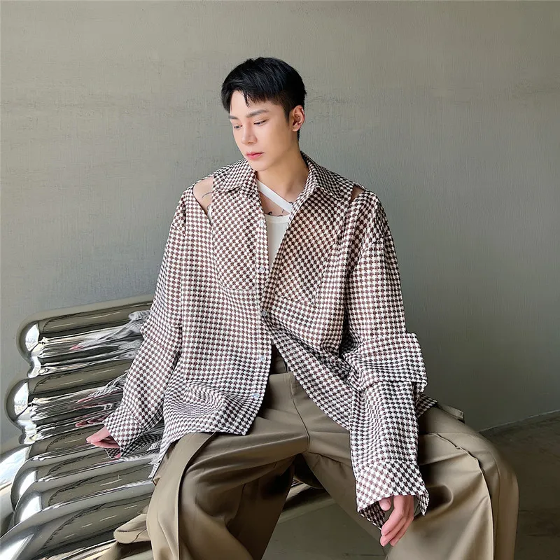 

Summer New Korean Version oulder Bared Long Sve Men's irt Loose Fit Tweed Pattern Classic Sle Casual Faion Top