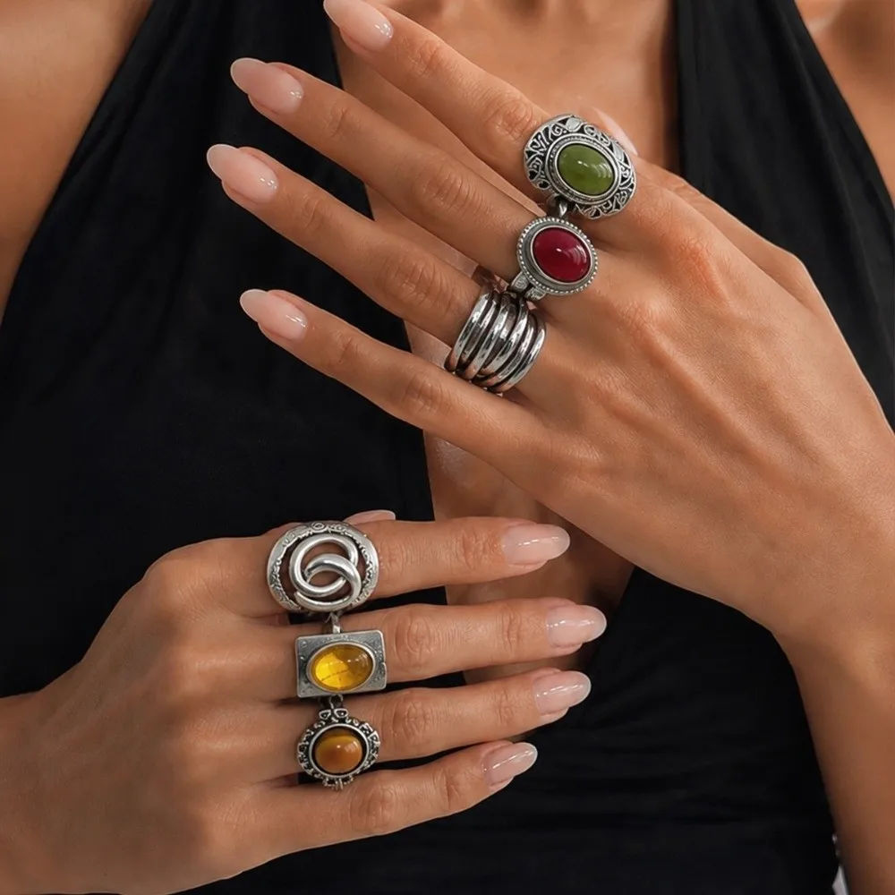 6Pcs/set Antique Silver Tone Wide Band Ring Hollow Carved Pattern Geometric Design Hollow Carved Ring Stackable Band