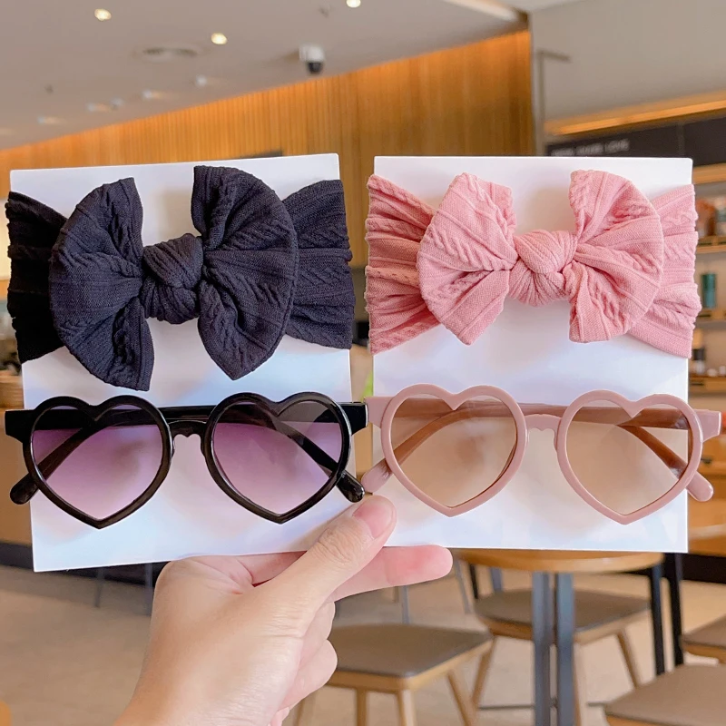 2 Pcs/Set New Children Cute Solid Bowknot Wide Hairbands Heart Sunglasses Hair Bands Baby Girls Headwear Kids Hair Accessories