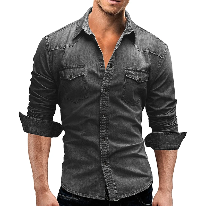 Men\'s Spring Autumn Casual Denim Shirts Solid Color Long Sleeve Lapel Denim Tops Button Shirts Fashion Clothes for Daily Wear