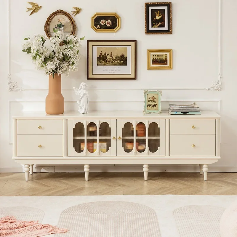 French retro cream powder all solid wood TV cabinet living room light luxury American small apartment coffee