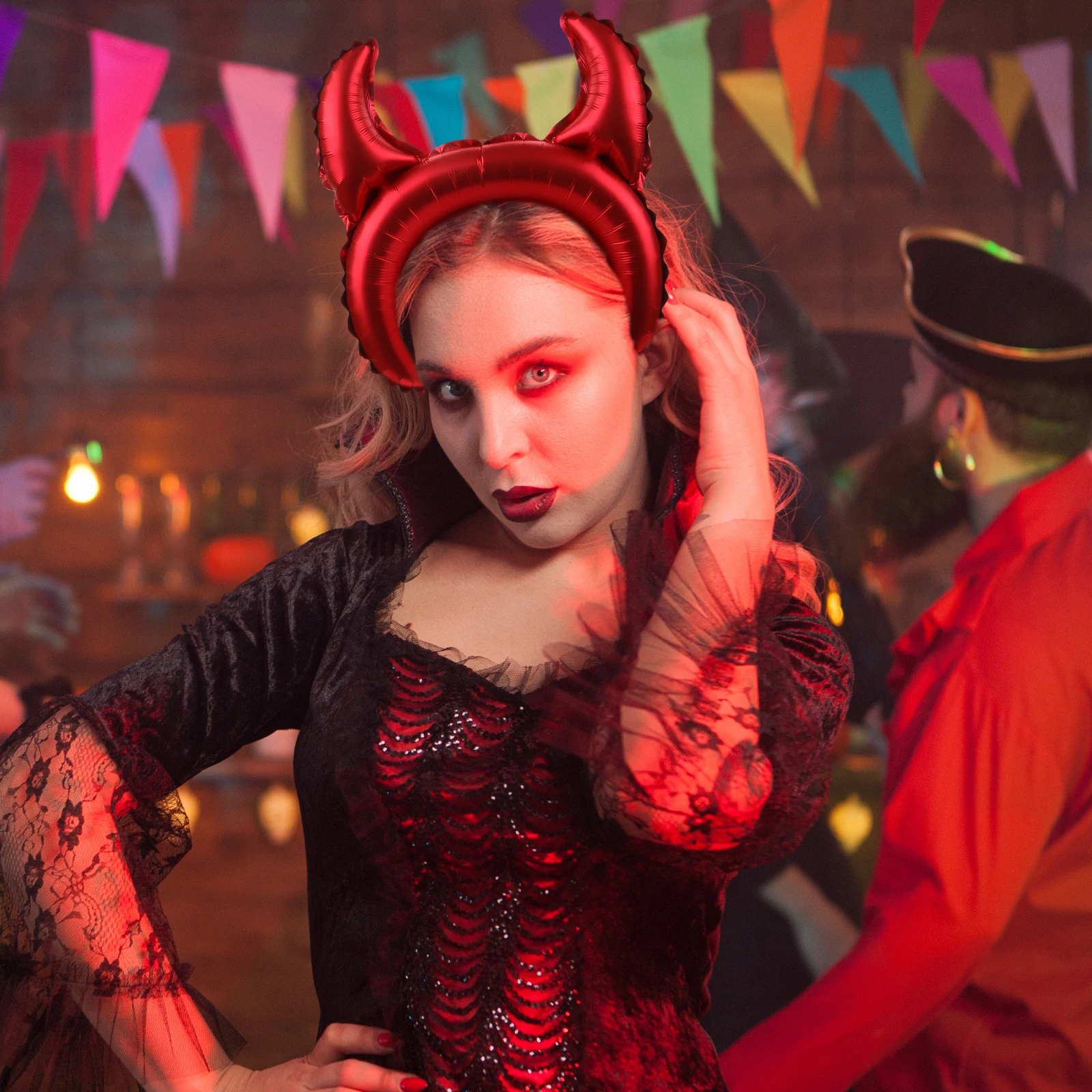 

25 Pcs Horn Headband Aluminum Foil Balloon Halloween Backdrop Prop Red Balloons Layout Decor