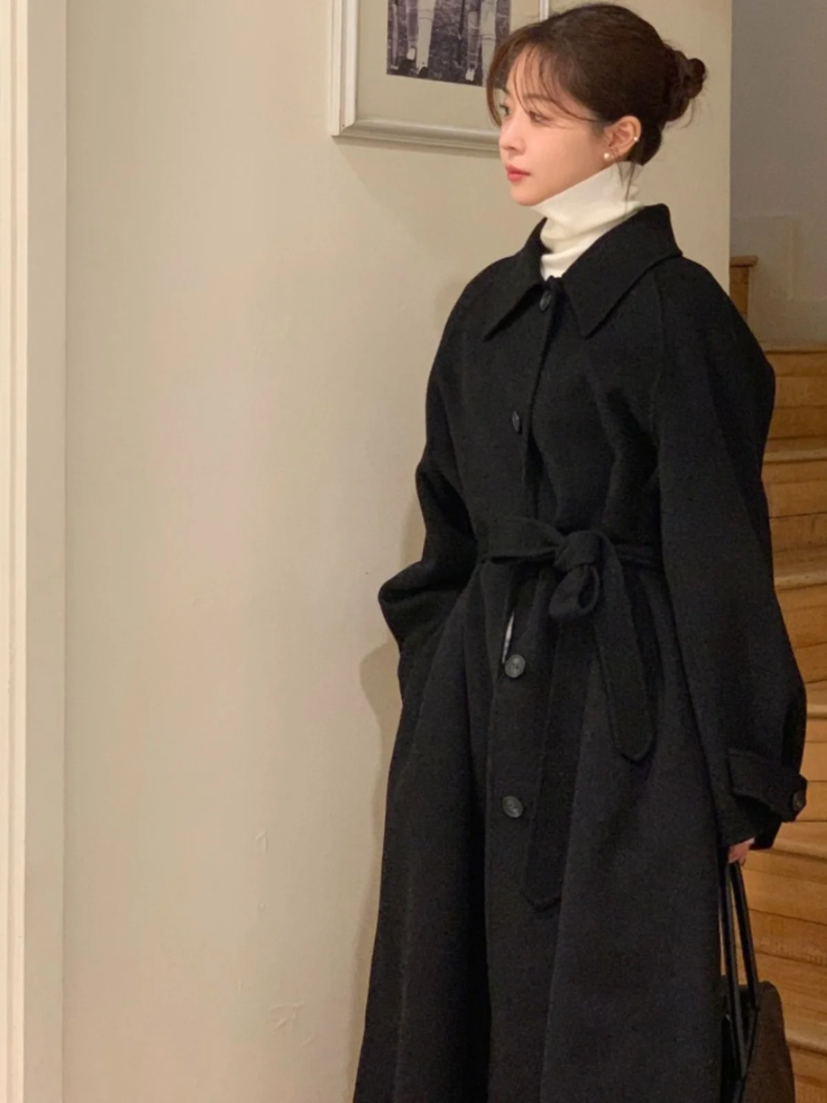 

Ele Long Woolen Coat Women's Outerwear Winter High-End Vintage Sle Collar Belted Waist-Cinching Korean Sle