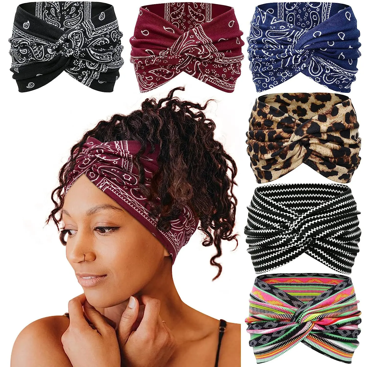 Yoga Headbands For Women\'s Hair Wide Thick Stretchy Boho African Turban Knotted Leopard Head Bands