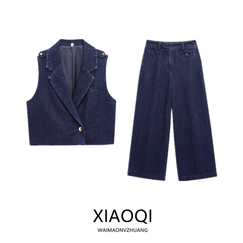 Printemps 2025 femmes nouveau col Simple orth Denim gilet taille moyenne pantalons longs Faion ensemble ort Sve décontracté Sle
