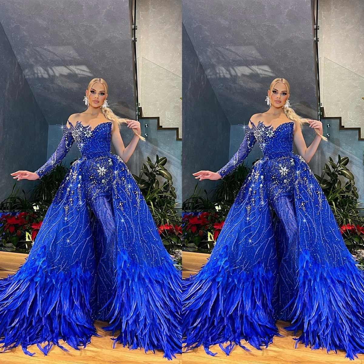 Feathers Royal Blue Mermaid Evening Dresses Lace Sequin One Shoulder Prom Gowns Custom Made Crystal with Overskirt Party Dresses