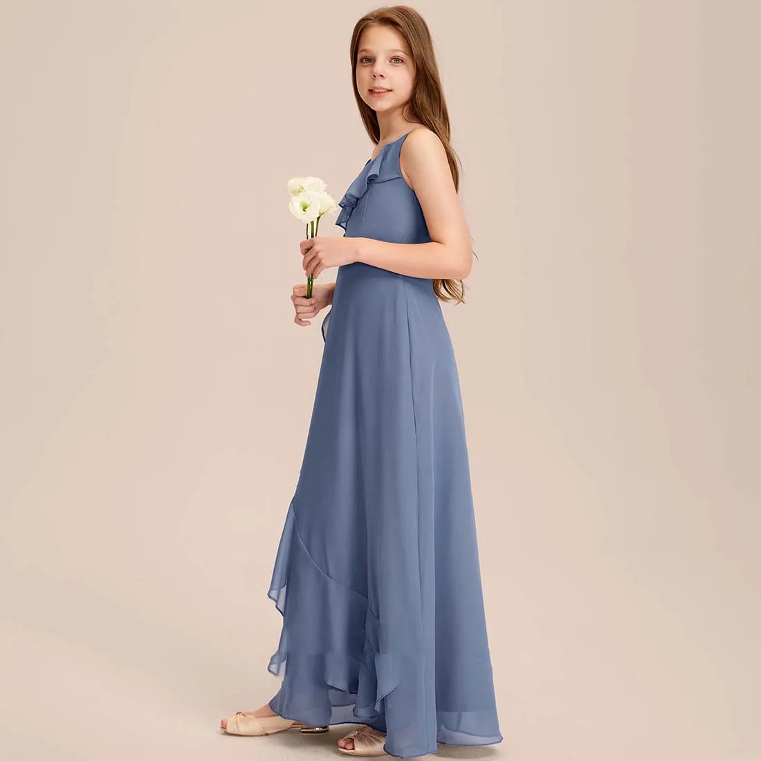 YZYmanualroom Chiffon Junior Bridesmaid Dress With Cascading Ruffles A-line V-Neck Floor-Length 2-15T