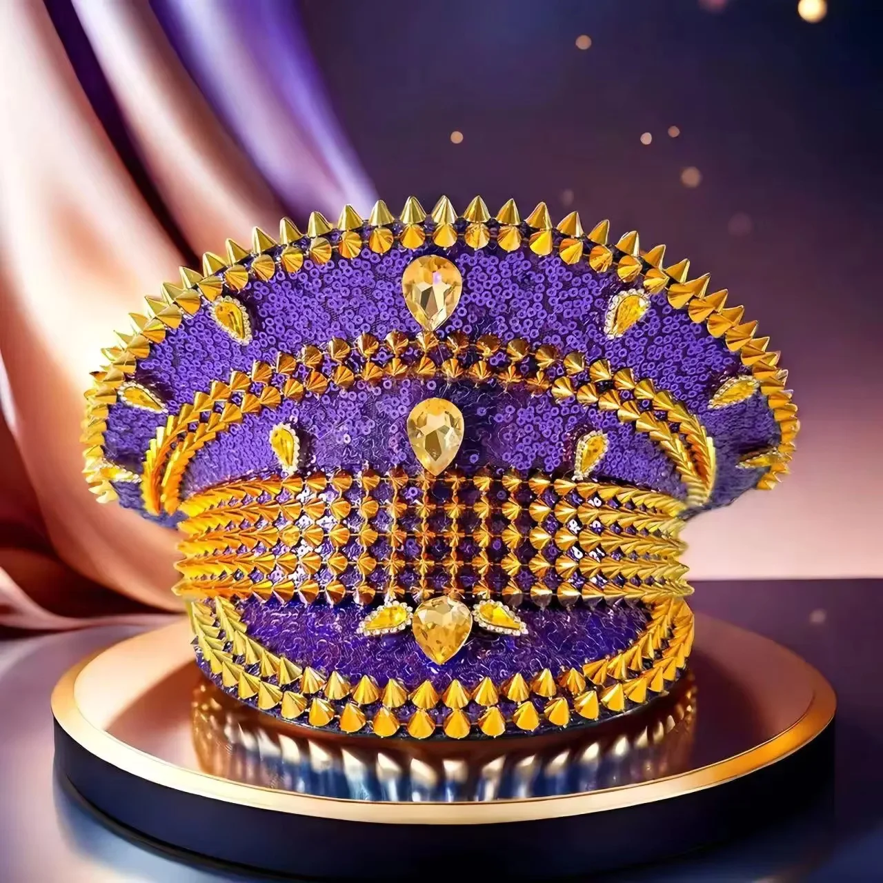 HongLuan Yellow Laser Leather Loop Captain Hat Rhinestone & Military Caps for Woman, Rave Festivals Accessories ＆ Party Cap Man