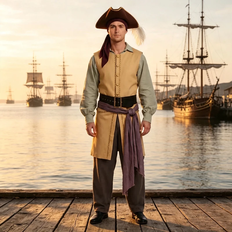 Disfraz de Pirata Medieval para Hombre, Traje de Bucanero Renacentista, Sombrero Tricornio, Camisa, Pantalones, Disfraz de Carnaval de Halloween para Adultos