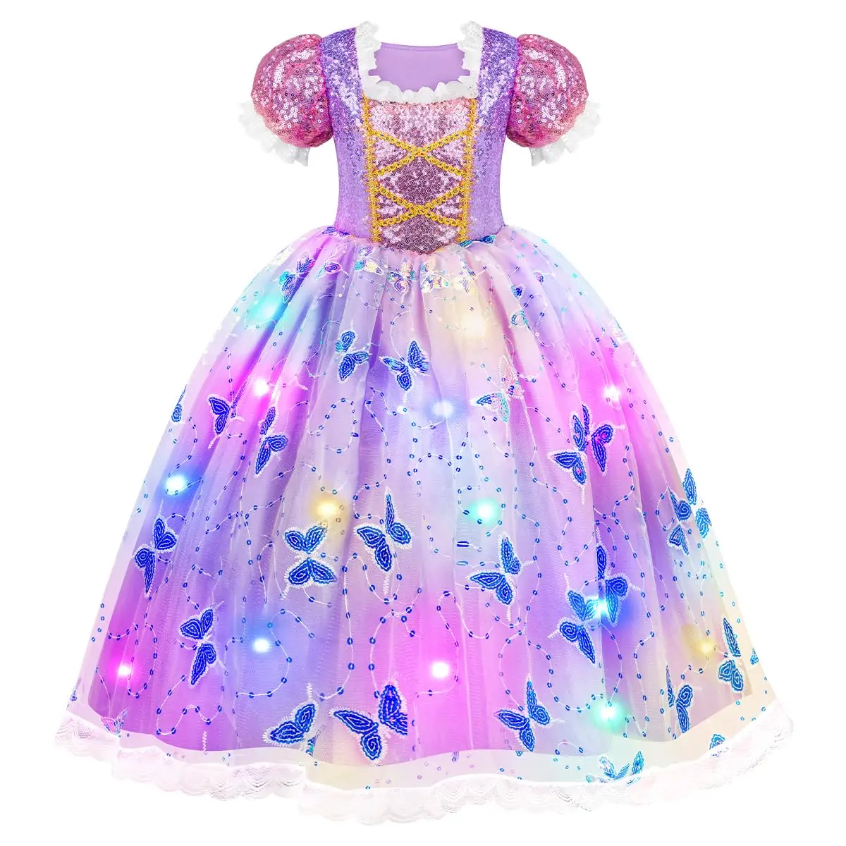 Disney New Children Dress Cosplay Rapunzel Costume Sequins  Purple Fluffy Sequin Butterfly Print Dress for Girl Add Colored LED