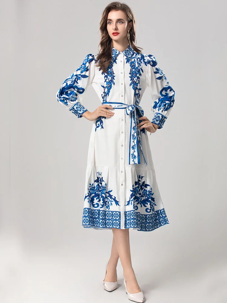 

Women's Vintage Porcelain Printing Dress, Turn-down Collar, Long Sleeve, Beading, Waist Slash, Party, Holiday, Autumn, Fashion