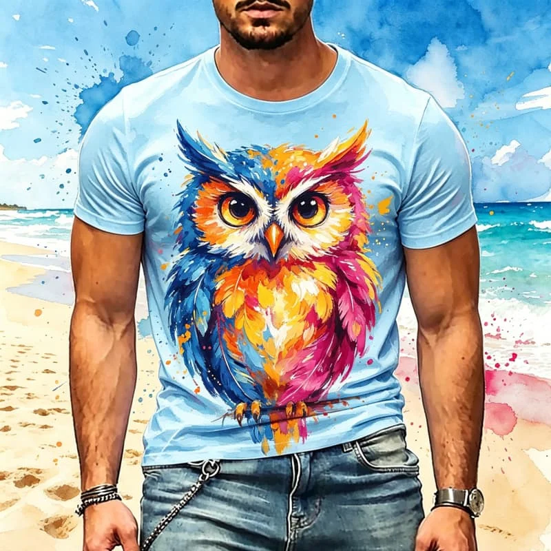 Men's watercolor bird print casual short sleeved T-shirt, abstract art style, suitable for street travel and daily wear