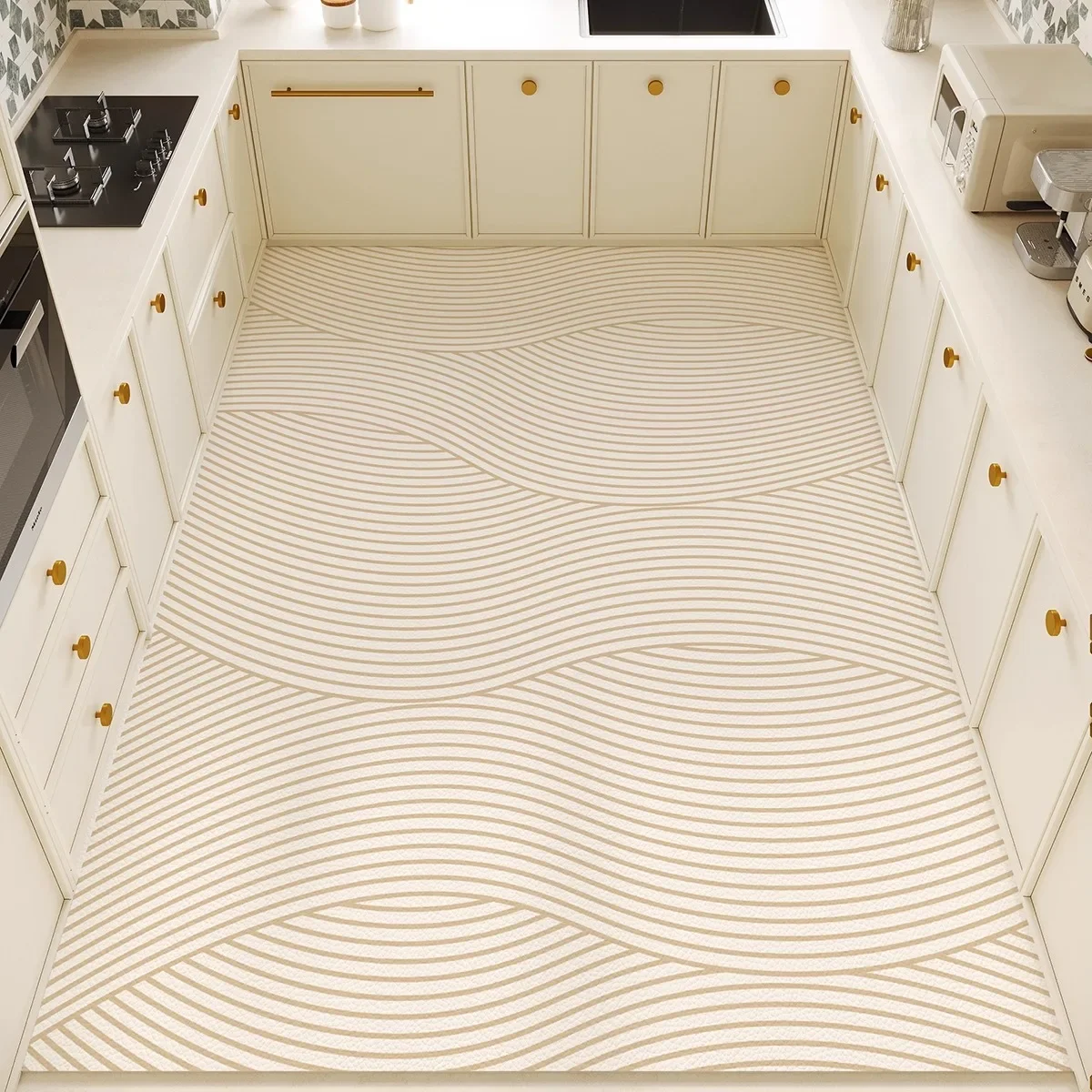 Kitchen Floor Mat White Simple Lines Pattern Pvc Leather Non-slip Carpet Waterproof Oil-proof Large Area Home Decor Rug 주방 카펫