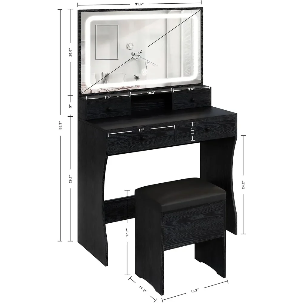 Vanity Desk Set with Lighted Mirror & Power Outlet, Makeup Vanity Table with 4 Drawers,Storage Bench,for Bedroom, Black