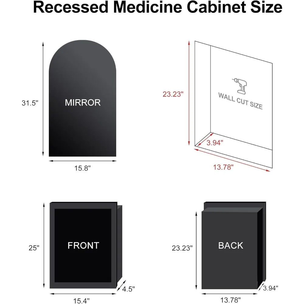 "Arched Recessed Medicine Cabinet - Frameless Arch Mirror with 3 Glass Shelves, Wall Mounted"